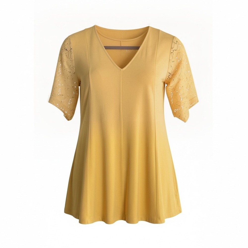 Denim & Co Womens Mustard Yellow Lace Short Sleeve V-Neck Tunic Top A290115 S